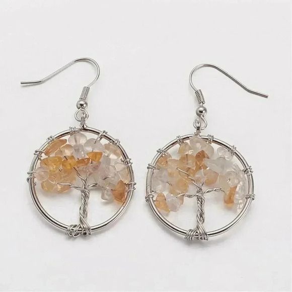 Silver Platinum Plated Citrine Tree of Life Gemstone Beads Dangle Earrings - Picture 1 of 1